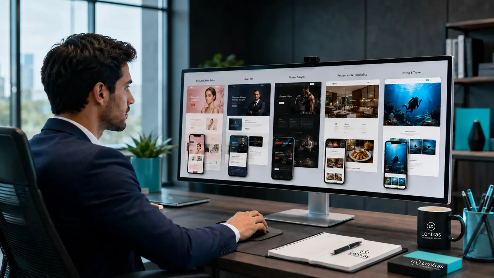 Comparación de proyectos antes de elegir una empresa de diseño web Profesional comparando proyectos de páginas web para distintos sectores antes de elegir una empresa de diseño web