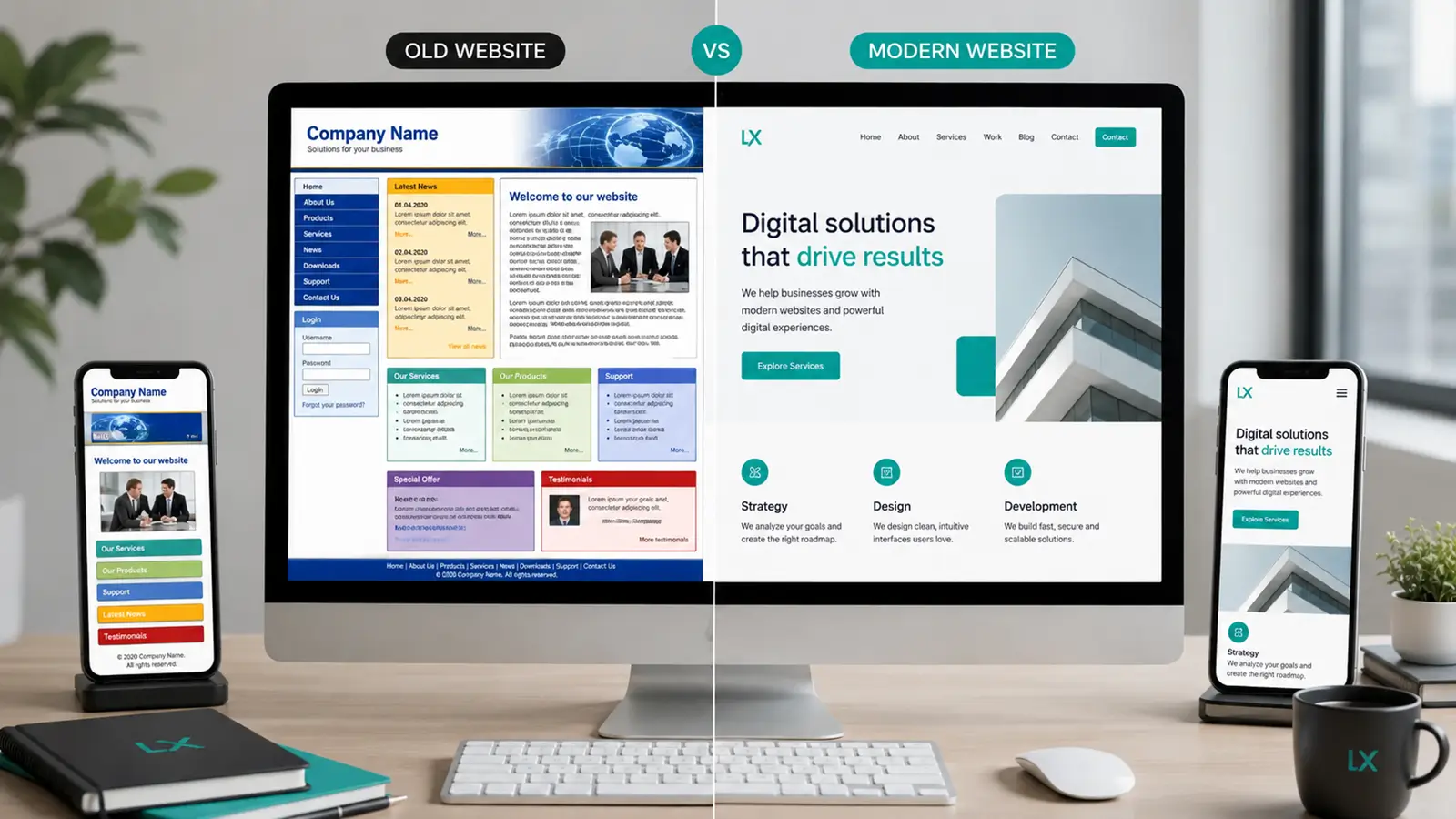 Comparación entre una página web antigua y una web moderna adaptada a dispositivos móviles