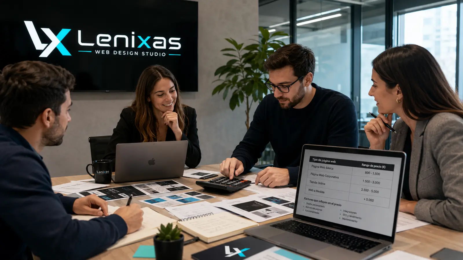 Equipo revisando el presupuesto y los costes de una página web profesional en una reunión
