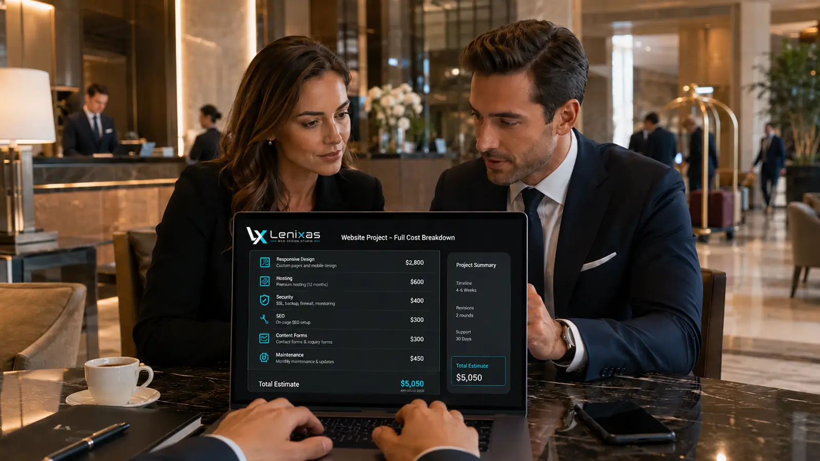 Profesionales revisando el desglose completo de los costes de una página web profesional