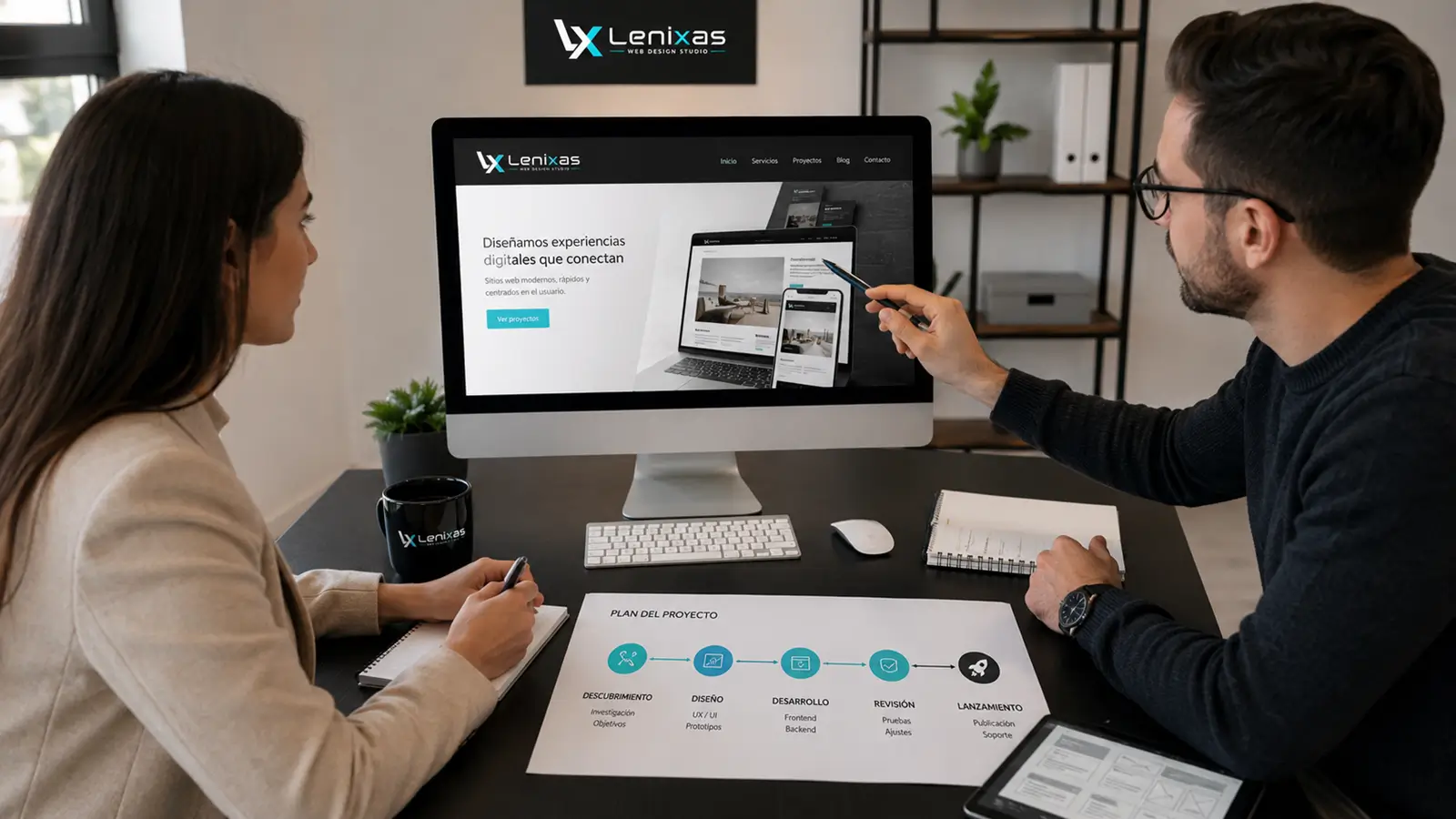 Reunión con una empresa de diseño web antes de contratar el proyecto Reunión entre una clienta y una empresa de diseño web para revisar la página y el plan del proyecto