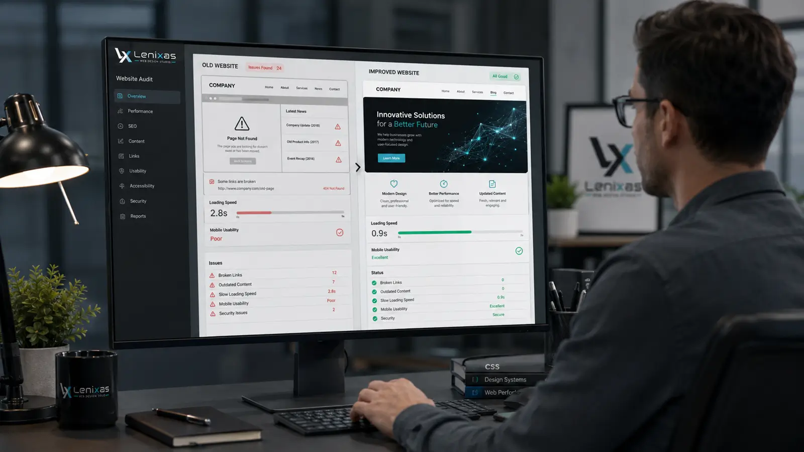 Profesional revisando una página web desactualizada con enlaces rotos y problemas de velocidad antes de su rediseño